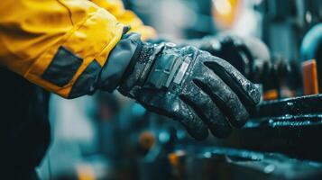 A closeup of an operators gloves interacting with a virtual interface on an augmented reality headset overlaying diagnostic information onto the machinery in front of them photo