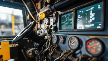 A view of advanced machinery operating on alternative fuels with gauges and monitors displaying reduced emissions and energy output metrics photo
