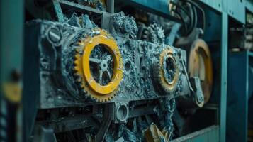 A detailed shot of intricate machinery that recycles plastic waste focusing on the pulleys and gears in movement as they break down materials showcasing the technology involved in wast photo