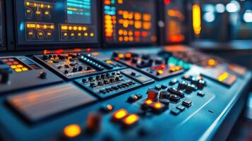 The inner workings of a robotic control panel filled with a complex display of lights buttons and screens revealing the sophisticated technology that drives automated manufacturin photo