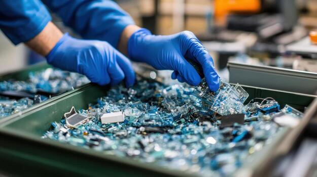 A technician examining a batch of returned products with an emphasis on the closeup of hands sorting through items to determine which can be repaired and reused underscoring waste photo