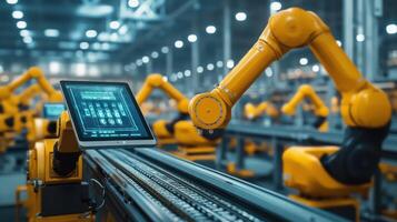 Inside a factory assembly line a robotic conveyor belt transmitting data to a nearby tablet displaying the speed and efficiency metrics in real time photo