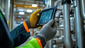A technician wearing safety gloves interacting with a handheld alert system with a holographic display projecting realtime equipment information and troubleshooting steps photo