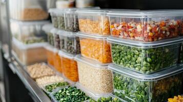 An array of locally sourced ingredients being processed with an emphasis on the vibrant colors of vegetables and grains stacked together in ecofriendly containers photo