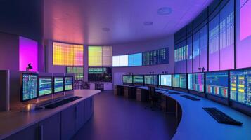 A shot of an industrial control room showcasing multiple screens filled with realtime analytics and AIgenerated forecasts harmonizing human decisionmaking with technology photo