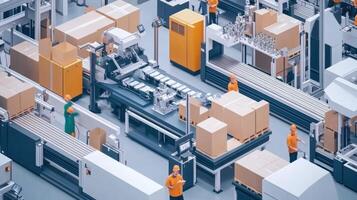 An assembly line filled with mixedcomponent sections each area showing customization with interchangeable parts as workers utilize handheld digital devices to monitor and modify workflo photo