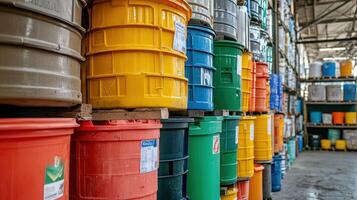 An assemblage of colorful plastic containers each labeled for different types of recyclables stacked neatly near a production area showcasing the organization of waste segregation efforts photo