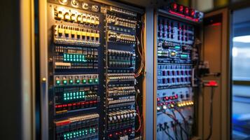 A detailed look at an array of circuit boards inside a control cabinet with magnified solder points and diagnostic LEDs flashing in response to system checks photo