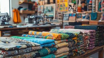 A display of various upcycled textile products arranged neatly in a workshop showcasing vibrant colors and patterns with sewing machines and materials visible in the background to photo