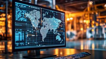 A computer monitor displaying a sophisticated mapping software that visualizes the supply chain network with supply routes logistics hubs and delivery points vividly depicted photo