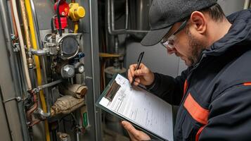 A worker documenting findings on a clipboard after a maintenance inspection focusing on a systematic approach to identify issues early and save costs on repairs photo
