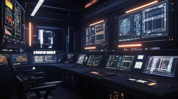 A hightech control room is showcased with multiple screens featuring ARenhanced control panels displaying predictive analytics for resource management based on current production metrics photo