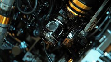 An inspection camera inserted into a complex machine assembly revealing internal components and their condition under low light photo