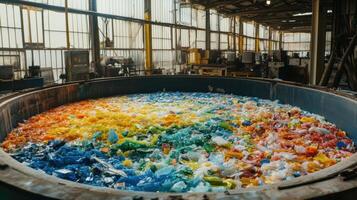 A large vat filled with colorful shredded plastics waiting to be processed into new products capturing the transformation process of waste into valuable resources within a bustlin photo