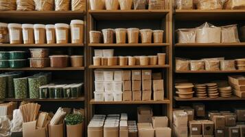 An array of environmentally friendly packaging materials made from paper and biodegradable substances organized neatly on shelves with an emphasis on replacing traditional plastic an photo