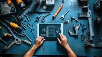 Closeup of a technicians hands using a tablet that displays a stepbystep AR guide while surrounded by various tools laid out on a workbench photo