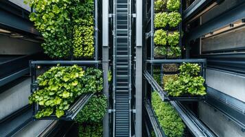 An overhead view of a conveyor belt filled with sustainably sourced raw materials surrounded by green plants adorning the factory space emphasizing the integration of nature and industry photo