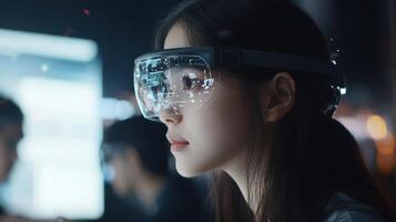 A side profile of a technician intently observing a holographic interface rich with data and illustrations while other colleagues engage in spirited discussions nearby all engrosse photo