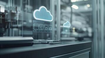 A closeup of a sleek computer interface where data streams from multiple manufacturing machines converge into a central cloud icon indicating realtime monitoring photo
