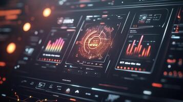 A closeup of a modular energy management interface showing a variety of energy metrics including carbon footprint and renewable energy contributions with sleek icons that enhance aestheti photo