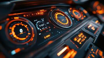 A creative representation of a carbon dashboard featuring gauges and dials that mimic a vehicles dashboard displaying carbon levels in a visually captivating manner along with photo
