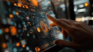 Closeup of a touchscreen interface showing realtime analytics and alerts the engineers fingers poised above the screen while blurred images of factory equipment are visible in the photo