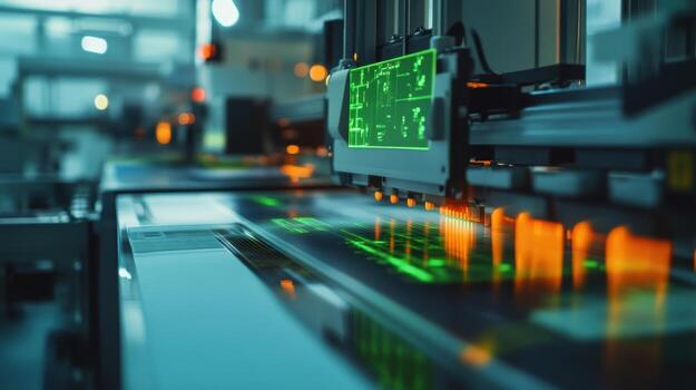 A closeup on an ecofriendly printing press in action with energy meters highlighting reduced consumption while ink and paper feed mechanisms operate fluidly photo