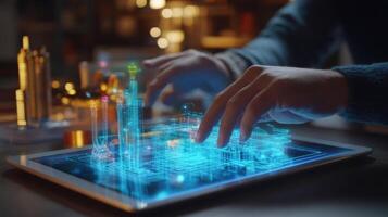 A closeup captures hands gesturing towards a tablet where colleagues can be seen discussing over a digital rendering of a factory space complete with colorcoded zones and movable photo