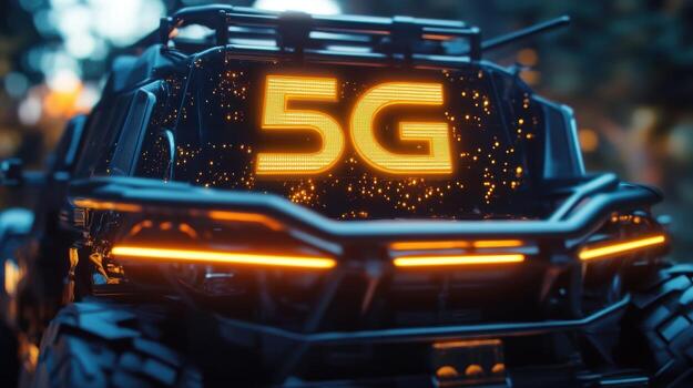 A close view of the vehicles sensor array mounted on top with a glowing 5G icon illuminating the space above suggesting continuous monitoring photo