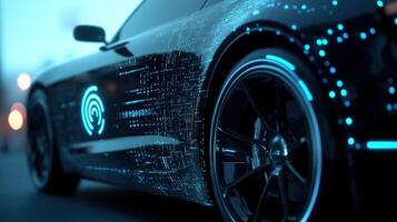 A close look at the vehicles side focusing on the seamless integration of 5G antennas and hightech interfaces with the 5G signal logo highlighted photo