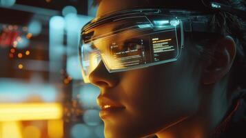 An intense closeup of an employees eyes illuminated by the digital interface of an AR visor. Information panels appear indicating restricted zones and potential risks within the wor photo