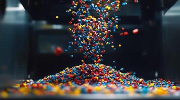 A snapshot of colorful plastic pellets pouring from a hopper into a molding machine illustrating the transformation of recycled plastics into new shapes for manufacturing photo