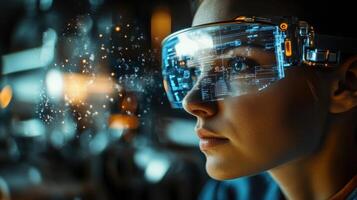 A closeup of an engineers face illuminated by the bright light of an AR headset which overlays data and visuals onto a large physical machine in the background showing interaction wit photo