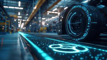 The wheels of an autonomous vehicle moving over a dotted line on the factory floor with an illuminated 5G icon projected on the ground nearby photo