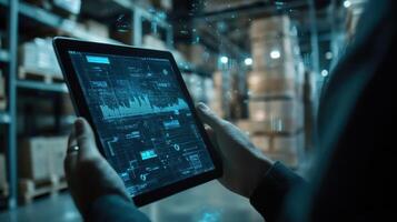 A tablet screen captures a realtime digital supply chain tracker with live updates and moving icons for trucks planes and inventory highlighting the dynamic nature of modern logistics photo