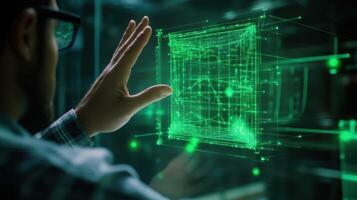 An overhead view capturing the meticulous fingers of a designer gesturing toward a floating augmented reality object with bright green lines outlining measurements in the air photo