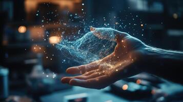 A close shot of a hand holding a virtual tool in an AR environment actively sculpting a digital shape that appears suspended in front of the designers workspace photo