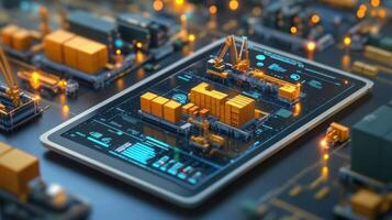 An ultramodern tablet shows an interactive interface for a supply chain management system featuring detailed graphs realtime data analytics and icons symbolizing various supply chai photo
