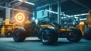 The of the autonomous vehicle parked beside machinery with an eyecatching 5G communication symbol hovering in the background photo