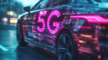 A detailed image capturing the interface of the autonomous vehicle where data displays are accompanied by a vibrant 5G signal logo indicating robust connectivity photo