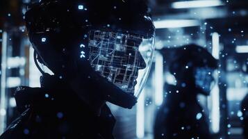 A focused shot of a workers profile the AR visor displaying a 3D map of the factory layout with highlighted escape routes and emergency exits all while wearing standard protective gear photo