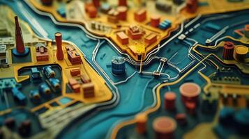 An artisanstyle map featuring handdrawn microfactory symbols interconnected with colorful threads mapping transportation routes emphasizing the local manufacturing network photo