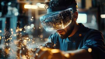 Filtering light through the lens of the AR headset the engineer observes intricate 3D designs of components that swirl in their field of vision enhancing their assembly technique photo