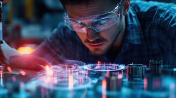 A closeup of a worker analyzing intricate parts produced by a nextgen robotic assembly arm their features reflecting concentration and fascination with the technology at hand photo