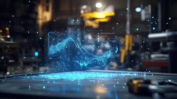 Closeup of an interactive AR graph appearing in front of a worker showing comparisons between past and present resource usage while tools and equipment blurred out in the background photo