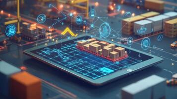 A digital display on a tablet captures a supply chain overview with animated arrows and icons symbolizing the journey from raw materials to finished products all set against a slee photo