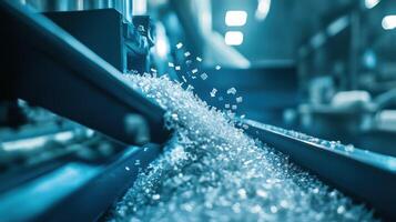 An image of ecofriendly biodegradable materials being extruded from a machine emphasizing advances in using sustainable resources in manufacturing photo
