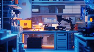 A workspace cluttered with small bins of raw materials and components demonstrating a costeffective inventory system conducive to prompt production in a microfactory photo