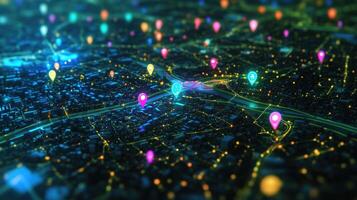 A detailed satellite view zooming in on a neighborhood with colorful markers illustrating the connections between microfactories and community hubs emphasizing their accessibility photo
