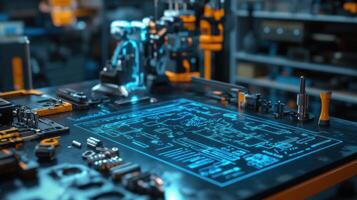colorful projections of tools and schematics blend seamlessly into the real environment around them photo